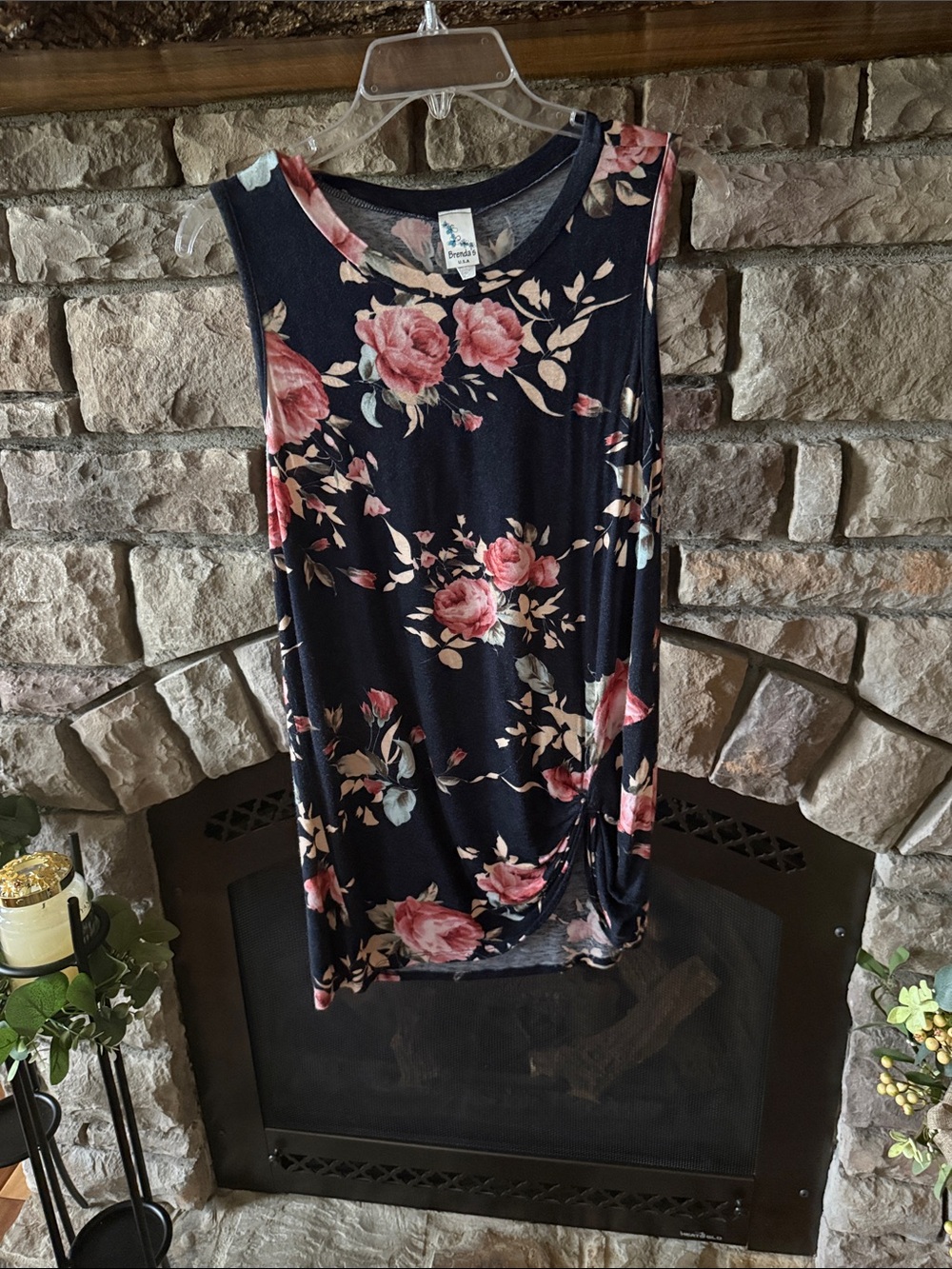 Sleeveless Black Floral Twist-Hem Top with Pink Rose Print